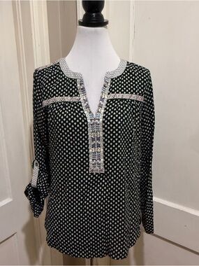 Skies Are Blue Black Printed Split-Neck Tunic with Embroidered Trim